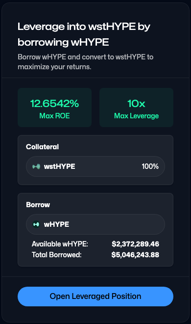 Get Over 12% Yield On Your $HYPE 

In one click you can deposit staked HYPE as collateral, borrow HYPE against it, then convert that HYPE into more staked HYPE. 

At 10x leverage, this loop can target a ~12% return on equity while your position stays fully on-chain farming points
