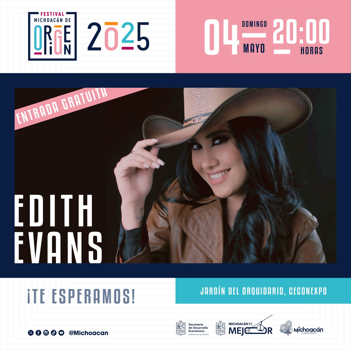 El talento michoacano se hará presente en el Festival Michoacán de Origen con la presentación de Edith Evans. ¡Asiste este domingo 4 de mayo en punto de las 20:00 horas! #FMO2025