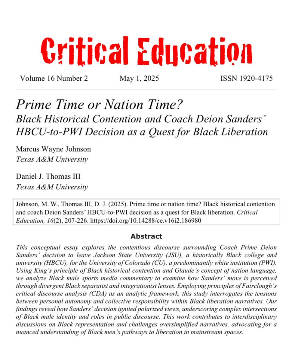 Dr. Daniel Thomas (@drdanielthomas3) on Twitter photo 🚨New Pub🚨 Is it Prime Time or Nation Time? We examine the contentious discourse amongst Black males in the wake of <a href="/DeionSanders/">COACH PRIME</a> departure from <a href="/JacksonStateU/">Jackson State U.</a> to the <a href="/CUBuffs/">Colorado Buffaloes</a>. Contention ranged from a prophetic exodus, to treason, and moral abdication.
ices.library.ubc.ca/index.php/crit… 🚨New Pub🚨 Is it Prime Time or Nation Time? We examine the contentious discourse amongst Black males in the wake of <a href="/DeionSanders/">COACH PRIME</a> departure from <a href="/JacksonStateU/">Jackson State U.</a> to the <a href="/CUBuffs/">Colorado Buffaloes</a>. Contention ranged from a prophetic exodus, to treason, and moral abdication.
ices.library.ubc.ca/index.php/crit…