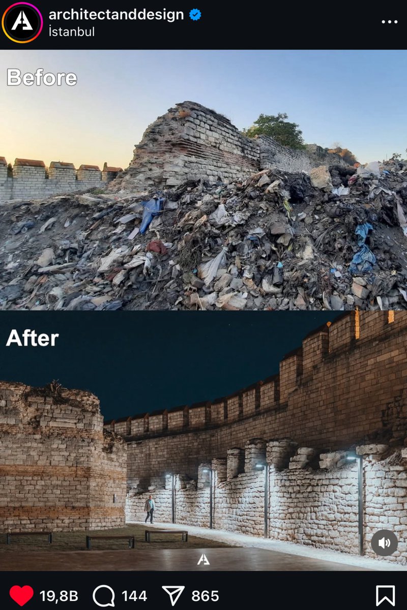 Dünyanın önde gelen tasarım hesaplarından, 7.8 milyon takipçili #architectanddesign, İstanbul Kara Surları’nın restorasyonunu gururla paylaştı.

Bir zamanlar çöp yığınıydı, bugün ise İBB Miras’ın dokunuşuyla harabenin estetiğiyle tarih ve yaşam iç içe...

Bu gurur <a href="/ekrem_imamoglu/">Ekrem İmamoğlu</a>