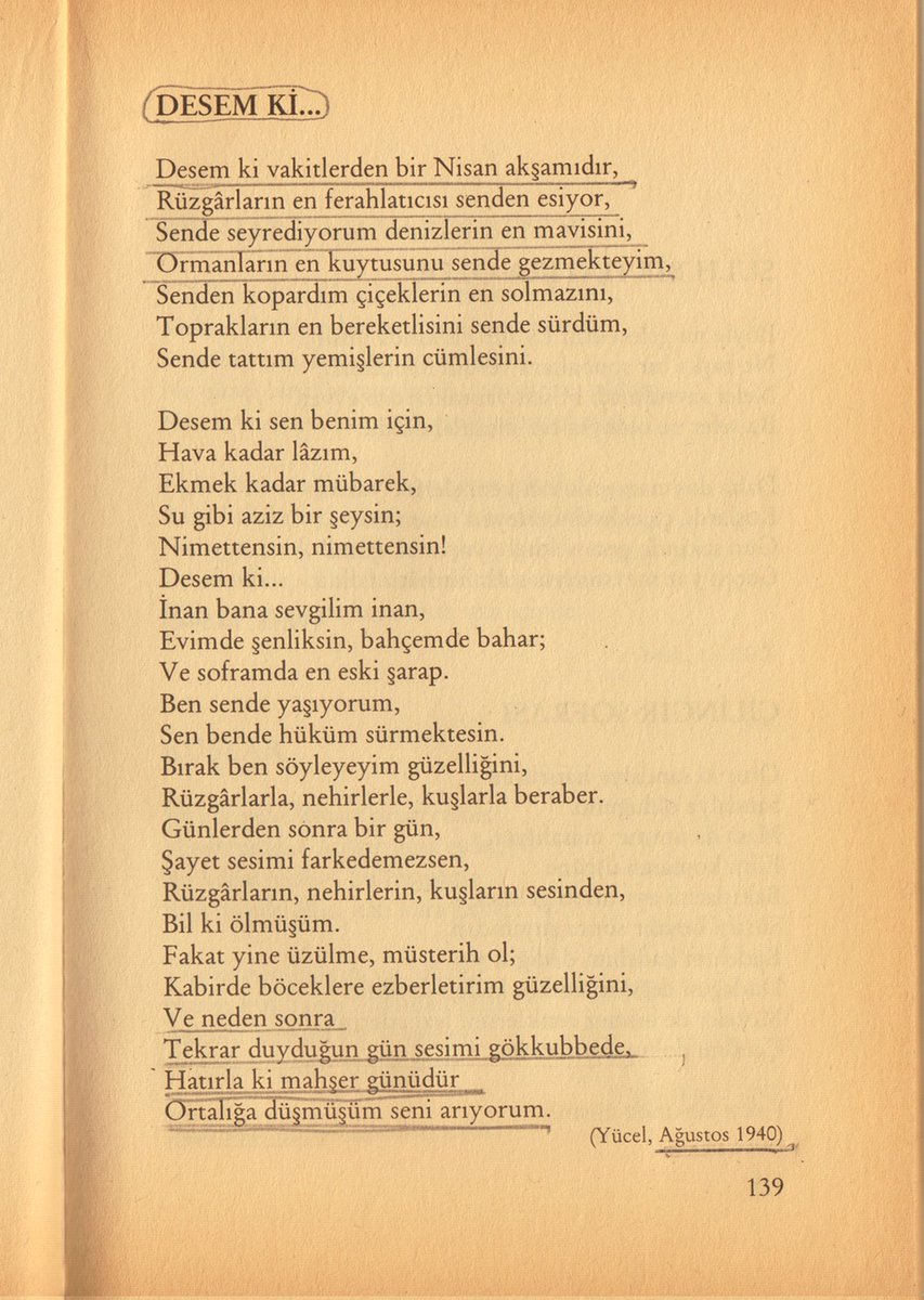 Desem ki vakitlerden bir Nisan akşamıdır 

cahit sıtkı tarancı