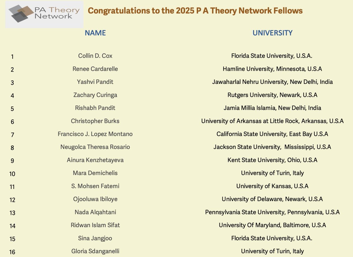 PA Theory Network (@patheory) on Twitter photo 🎓 Meet the 2025 PATNet Theory Fellows!
A bold, brilliant cohort shaping the future of public administration theory.
Welcome to the community! 💡🔥
#PATNet2025 #TheoryMatters #EmergingScholars #PublicAdministration <a href="/poojapaswan/">Dr. Pooja. J. Paswan</a> <a href="/ASPANational/">ASPA National</a> <a href="/journalATP/">ATP Tweets</a> <a href="/aspaSPAE/">Section on PA Education</a> <a href="/PAReview/">PAR</a> 🎓 Meet the 2025 PATNet Theory Fellows!
A bold, brilliant cohort shaping the future of public administration theory.
Welcome to the community! 💡🔥
#PATNet2025 #TheoryMatters #EmergingScholars #PublicAdministration <a href="/poojapaswan/">Dr. Pooja. J. Paswan</a> <a href="/ASPANational/">ASPA National</a> <a href="/journalATP/">ATP Tweets</a> <a href="/aspaSPAE/">Section on PA Education</a> <a href="/PAReview/">PAR</a>