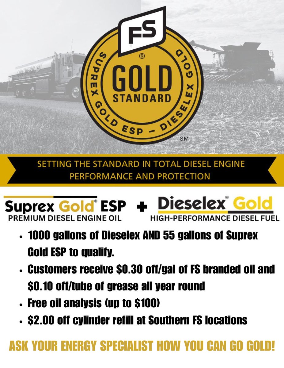Step up to the Gold Standard in diesel engine performance and protection with FS Suprex Gold ESP + Dieselex Gold
Just 1000 gallons of Dieselex and 55 gallons of Suprex Gold ESP to qualify!
👉 Talk to your Southern FS Energy Specialist #dieselpower #FSGoldStandard