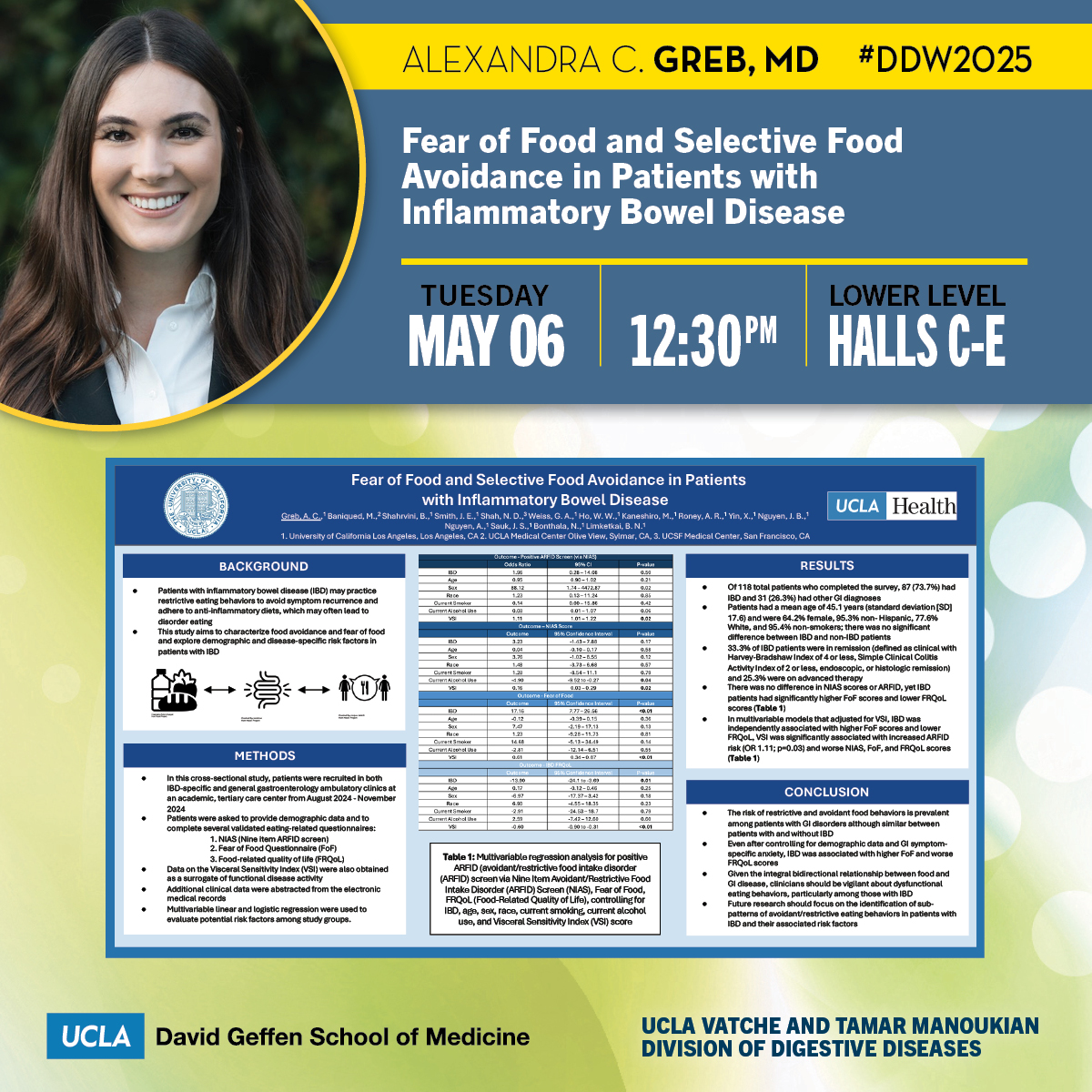 UCLA Gastroenterology and Hepatology (@uclagihep) on Twitter photo 🛑Stop by #DDW2025, Tuesday, May 6, 12:30pm
Fear of Food and Selective Food Avoidance in Patients with #IBD
✨Alexandra C. Greb, MD (<a href="/OliveViewUCLA/">Olive View UCLA</a> <a href="/uclaimchiefs/">UCLA Internal Medicine Chief Residents</a>)
👤 Senior: <a href="/berkeleydoc/">Berkeley Limketkai</a>
👥<a href="/Markets_MD/">Mark Baniqued, MD</a> <a href="/BitaShahrvini/">Bita Shahrvini</a> <a href="/JanelleSCeliac/">Janelle Smith</a> <a href="/nehagastrord/">Neha D. Shah MPH, RD, CNSC, CHES</a> Jenny Sauk <a href="/BonthalaMD/">Nirupama Bonthala MD</a> et al 🛑Stop by #DDW2025, Tuesday, May 6, 12:30pm
Fear of Food and Selective Food Avoidance in Patients with #IBD
✨Alexandra C. Greb, MD (<a href="/OliveViewUCLA/">Olive View UCLA</a> <a href="/uclaimchiefs/">UCLA Internal Medicine Chief Residents</a>)
👤 Senior: <a href="/berkeleydoc/">Berkeley Limketkai</a>
👥<a href="/Markets_MD/">Mark Baniqued, MD</a> <a href="/BitaShahrvini/">Bita Shahrvini</a> <a href="/JanelleSCeliac/">Janelle Smith</a> <a href="/nehagastrord/">Neha D. Shah MPH, RD, CNSC, CHES</a> Jenny Sauk <a href="/BonthalaMD/">Nirupama Bonthala MD</a> et al