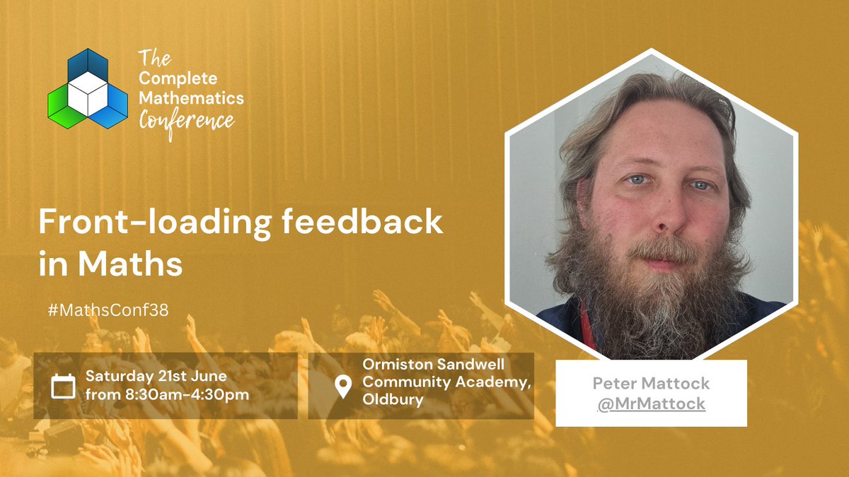 Complete Maths (@lasalleed) on Twitter photo We're excited to announce one more #MathsConf38 workshop!
🧩➗ Front-loading feedback in Maths 🎉
This one will be run by
<a href="/MrMattock/">Mr Mattock FCCT CMgr FCMI NPQSL</a>
Learn more about this workshop, propose a session and book your ticket here:
completemaths.com/community/math… We're excited to announce one more #MathsConf38 workshop!
🧩➗ Front-loading feedback in Maths 🎉
This one will be run by
<a href="/MrMattock/">Mr Mattock FCCT CMgr FCMI NPQSL</a>
Learn more about this workshop, propose a session and book your ticket here:
completemaths.com/community/math…