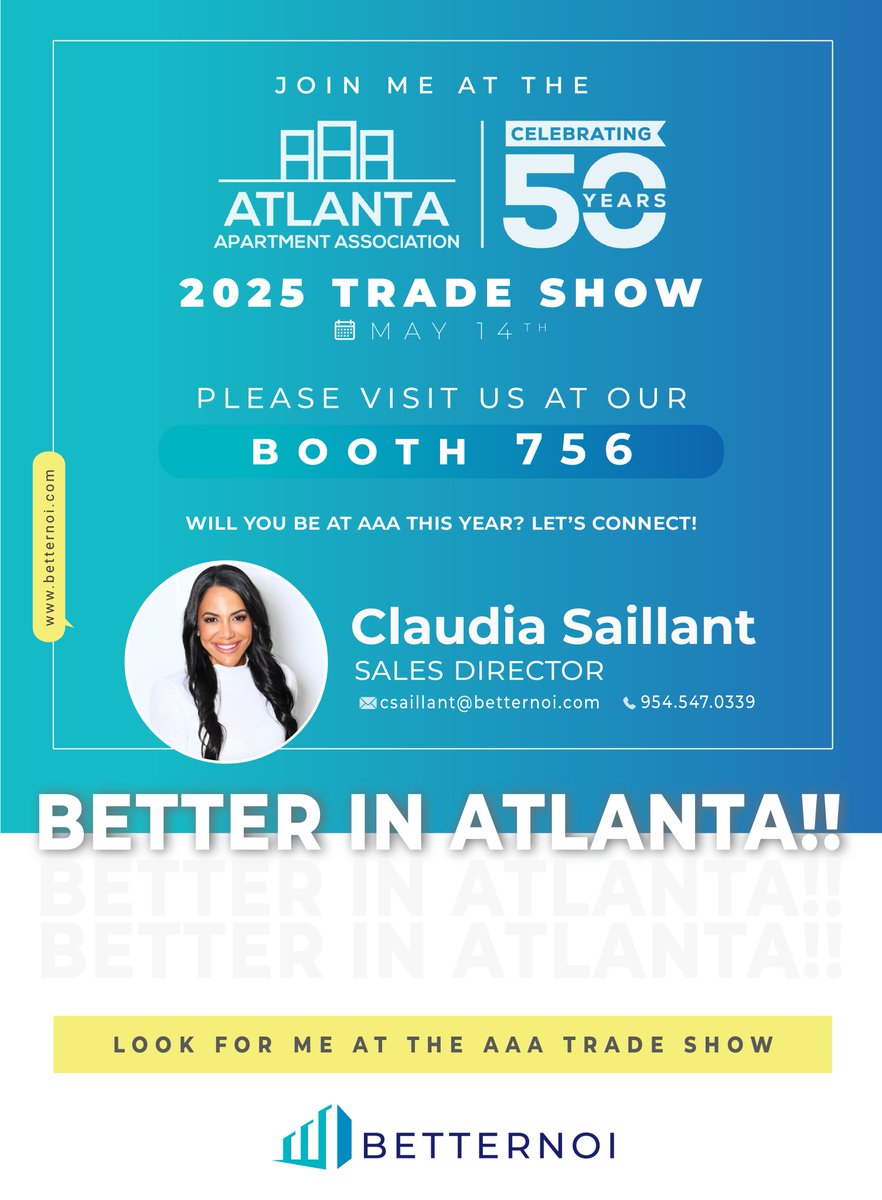 Join me at the AAA 2025 Trade Show. 
 
Will you be at AAA this year? Let's connect! 

Please visit us at our:
🗺️Booth #756
🗓️May 14 | Atlanta, GA

Look for me at the AAA Trade Show.

Claudia Saillant 
csaillant@betternoi.com
954.547.0339

#AAA #TradeShow #AAA2025 #BetterNOI