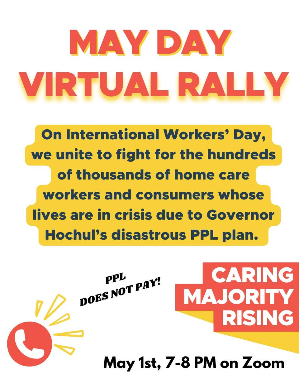 Caring Majority Rising (@caringmrising) on Twitter photo ✊Tomorrow is International Workers’ Day, & we're uniting for a VIRTUAL RALLY on ZOOM to fight for the 100,000s of home care workers & consumers whose lives are in crisis due to <a href="/GovKathyHochul/">Governor Kathy Hochul</a>'s disastrous CDPAP plan.
We need as many people to show up as possible! Tomorrow ✊Tomorrow is International Workers’ Day, & we're uniting for a VIRTUAL RALLY on ZOOM to fight for the 100,000s of home care workers & consumers whose lives are in crisis due to <a href="/GovKathyHochul/">Governor Kathy Hochul</a>'s disastrous CDPAP plan.
We need as many people to show up as possible! Tomorrow