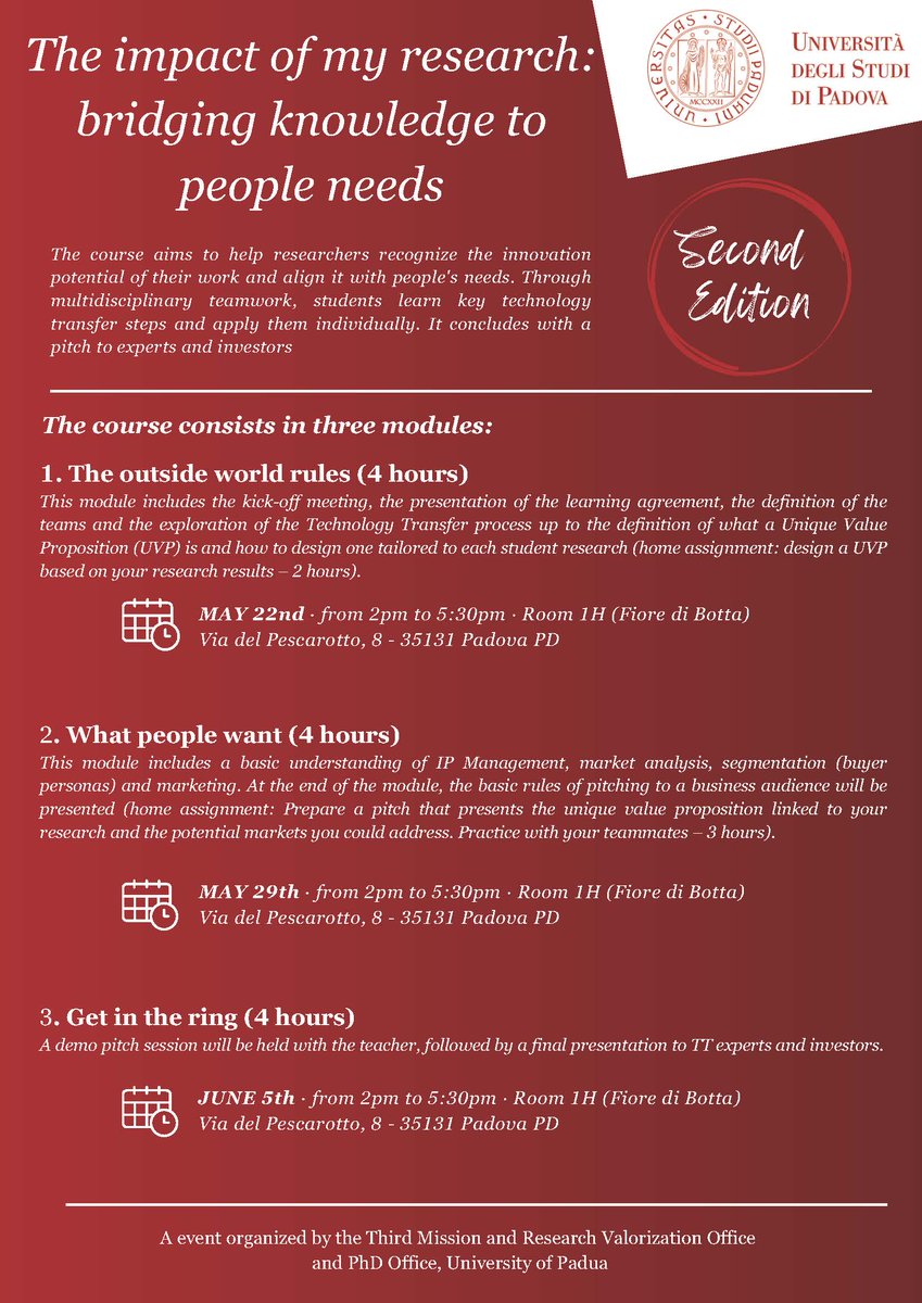 transfer_of's tweet image. The #impact of my #research: bridging knowledge to people needs!
Course for PhD students at the @UniPadova
#uniquevalueproposition
#marketanalysis #segmentation #marketing #businesspitching
Registration required by 12/05
unipd.it/impact-research
@discunipd @GeoUnipd