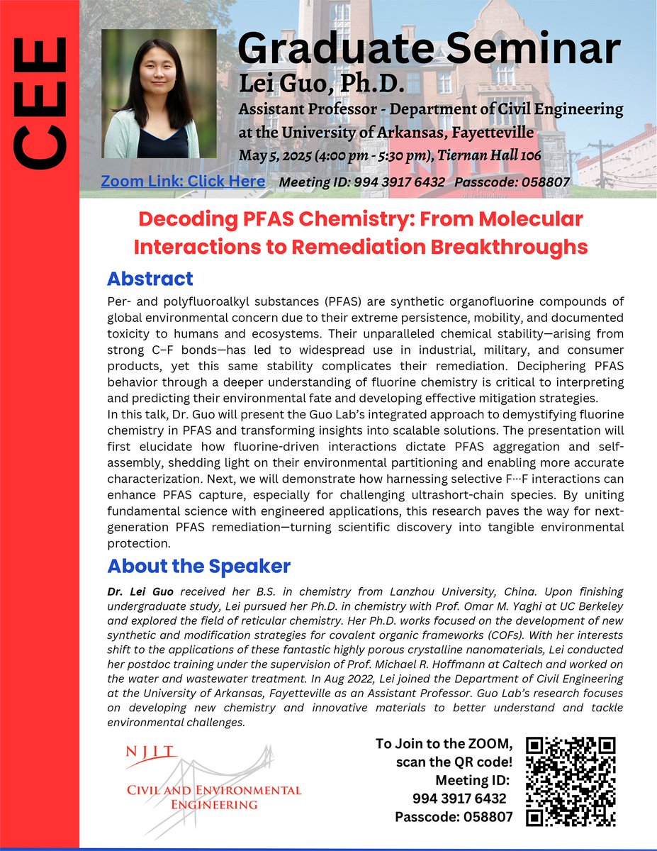 You are cordially invited to attend a graduate seminar "Decoding PFAS Chemistry: From Molecular Interactions to Remediation Breakthroughs " presented by Lei Guo, PhD, on Monday, May 5th. The seminar will take place in Tiernan Hall, Room 106, from 4:00 PM to 5:30 PM.
