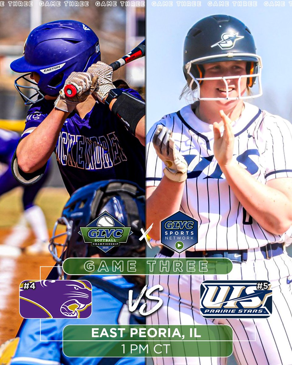 Great Lakes Valley Conference (@glvcsports) on Twitter photo ๐๐ฅ #GLVCsb | #GLVCchamps
GAME THREE
#4 <a href="/McKBearcats/">McKendree Bearcats</a> ๐ #5 <a href="/UISAthletics/">#WeAreStars</a>
๐บ <a href="/GLVCSN/">GLVC Sports Network</a> ($)
๐ GLVCsports.com/2025sb
๐ EastSide Centre
โฐ 1 PM CT ๐๐ฅ #GLVCsb | #GLVCchamps
GAME THREE
#4 <a href="/McKBearcats/">McKendree Bearcats</a> ๐ #5 <a href="/UISAthletics/">#WeAreStars</a>
๐บ <a href="/GLVCSN/">GLVC Sports Network</a> ($)
๐ GLVCsports.com/2025sb
๐ EastSide Centre
โฐ 1 PM CT