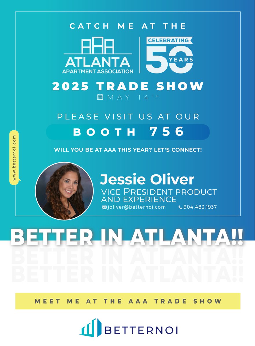 Catch me at the AAA 2025 Trade Show. 🚀 
 
Will you be at AAA this year?  Let's connect! 

Please visit us at our:
🗺️ Booth #756
🗓️ May 14 | Atlanta, GA

Meet me at the AAA Trade Show.

Jessie Oliver
joliver@betternoi.com
904.5483.1937

#AAA #TradeShow #AAA2025 #BetterNOI