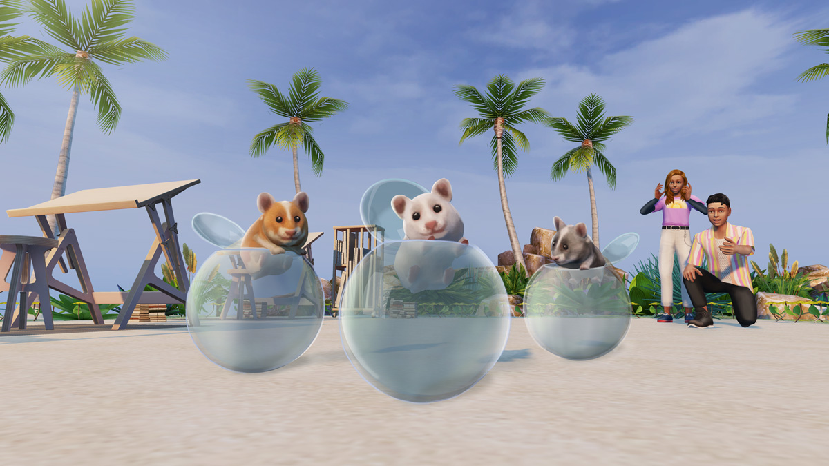 Shoo Flee! 😨 A herd of harmless hamsters has washed up on the island 🐹🏝️
Poor little fluffballs don't realize they'd be much safer in SimTown. It's up to you and your Sim to convince them all to follow you there before your rival.