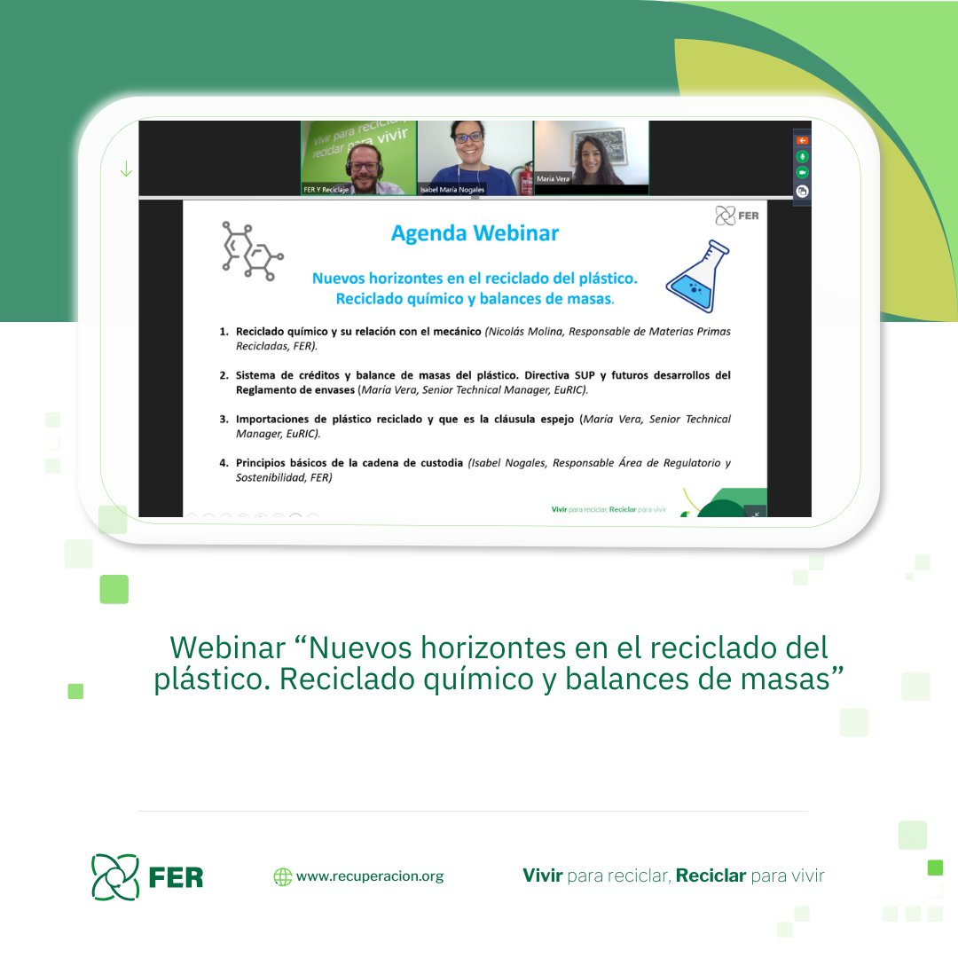 🌍 FER ha llevado a cabo un webinar para asociados sobre el avance del reciclado químico de plásticos

👉🏻 Con la participación de María Vera (EuRIC) e Isabel Nogales (FER), han abordado temas como los balances de masas, la cláusula espejo y los estándares de cadena de custodia.