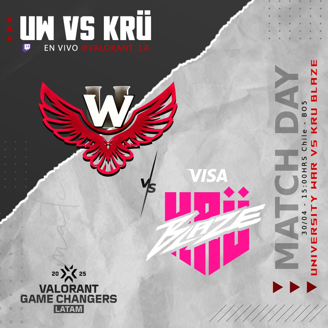University War (@universitywarg) on Twitter photo El pueblo contra el Rey.
En momentos nos enfretamos a <a href="/KRUesports/">KRÜ Esports</a> por la Gran Final de la #VCTGameChangers SPLIT 1 - 2025
15hs 🇨🇱 | 16hs 🇦🇷🇧🇷 | 13hs🇲🇽 | 14hs 🇨🇴
twitch.tv/valorant_la 📺 El pueblo contra el Rey.
En momentos nos enfretamos a <a href="/KRUesports/">KRÜ Esports</a> por la Gran Final de la #VCTGameChangers SPLIT 1 - 2025
15hs 🇨🇱 | 16hs 🇦🇷🇧🇷 | 13hs🇲🇽 | 14hs 🇨🇴
twitch.tv/valorant_la 📺