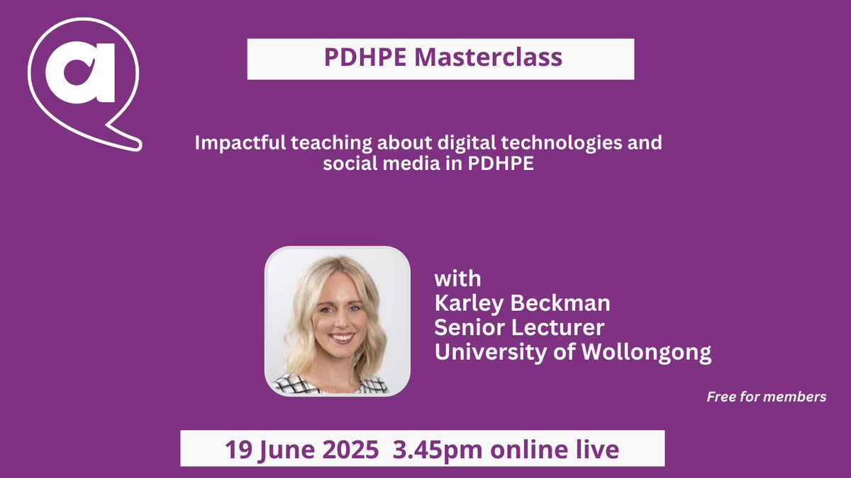 🌐 Join the PDHPE Digital Literacy Masterclass 2025 for educators! Learn about digital tech in PDHPE. 📅 19 June | 3:45-5:15 PM 🎓 Online | FREE for ACHPER members; $30 for non-members. Expert: Karley Beckman. Register: achpernsw.com.au/event/mastercl… #PDHPE #NSWTeachers