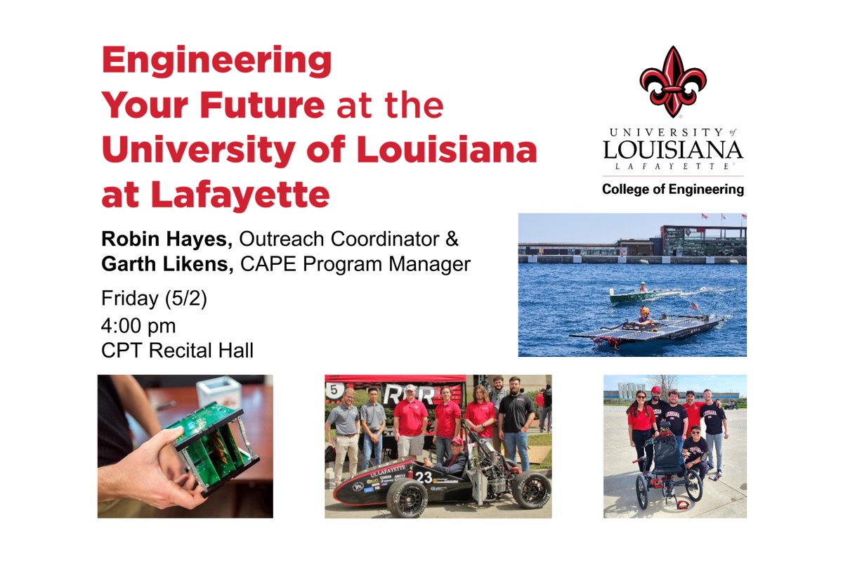 LSMSA's tweet image. Students at #LSMSA will explore engineering programs at @ullafayette during our Science Speaker Series coordinated by Dr. Chris Hynes, Senior Lecturer of Chemistry, at 4 p.m. on May 2. More on sciences at LSMSA: ow.ly/R6xz50VKLYx