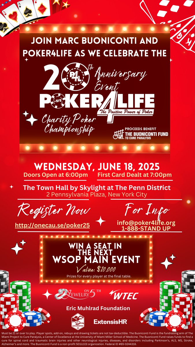 BuonicontiFund's tweet image. We are celebrating our 20th Anniversary Charity Poker Championship on June 18th!
Register today to join Marc Buoniconti and our celebrity guests for a chance to win a seat to this year's WSOP.
More info: onecau.se/poker25
#TheBuoniocontiFund #WhoDoYouPlayFor #P4L