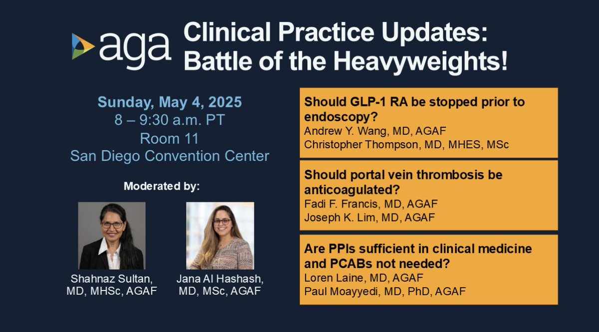 Jana G Hashash, MD, MSc (@jhashashmd) on Twitter photo ‼️Don’t miss the <a href="/AmerGastroAssn/">American Gastroenterological Association (AGA)</a> 🏋️♀️Battle of the Heavyweights 🏋️♂️ Session <a href="/DDWMeeting/">Digestive Disease Week</a> this year‼️
Authors will debate hot 🔥 topics from recent #CPUs published in <a href="/AGA_Gastro/">Gastroenterology</a> and <a href="/AGA_CGH/">CGH</a>
🗓️Sunday, May 4
⏰ 8.00-9.30am PT
📍Room 11 San Diego Convention Center ‼️Don’t miss the <a href="/AmerGastroAssn/">American Gastroenterological Association (AGA)</a> 🏋️♀️Battle of the Heavyweights 🏋️♂️ Session <a href="/DDWMeeting/">Digestive Disease Week</a> this year‼️
Authors will debate hot 🔥 topics from recent #CPUs published in <a href="/AGA_Gastro/">Gastroenterology</a> and <a href="/AGA_CGH/">CGH</a>
🗓️Sunday, May 4
⏰ 8.00-9.30am PT
📍Room 11 San Diego Convention Center