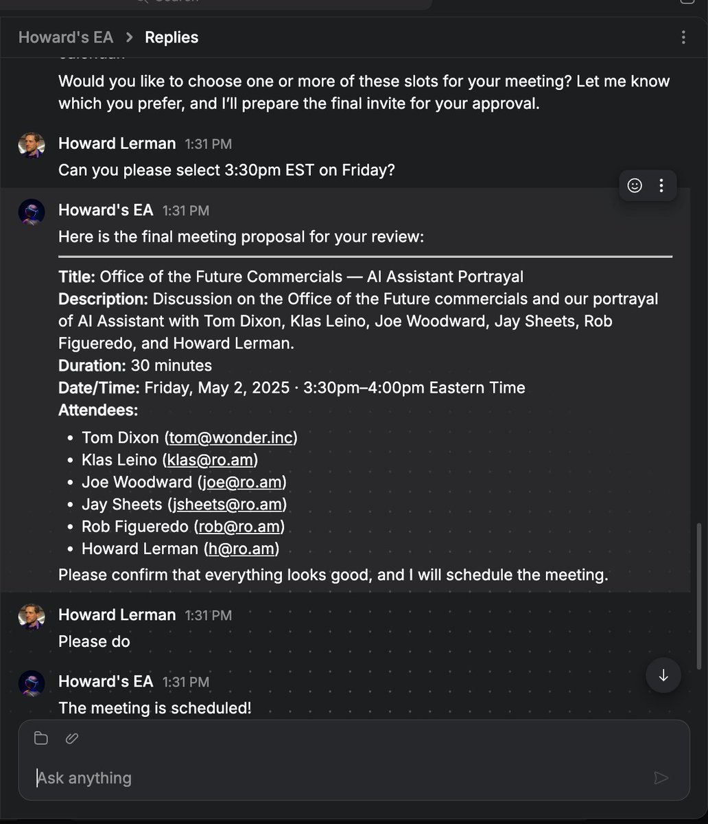 In a few weeks every member of <a href="/roam/">Roam</a> will have their own AI Assistant capable of scheduling meetings, sending emails and following up with someone.

Scheduling is sick because you can chat and calendar right in the VirtualHQ platform