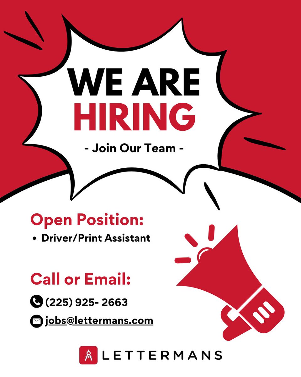 Lettermans's tweet photo. We’re Hiring!
Join the team at Letterman’s as a Driver/Print Assistant.
Call us (225) 925 -2663 or email jobs@lettermans.com to apply today!🖨️🚛📩 https://t.co/5Vs9bJbijA