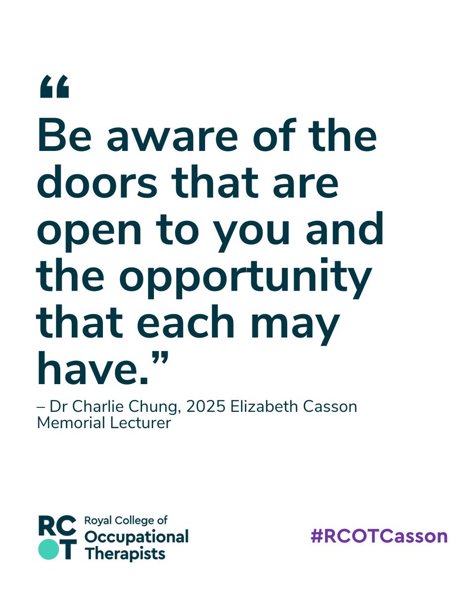 Royal College of Occupational Therapists (@thercot) on Twitter photo Dr <a href="/CharlieChung90/">Charlie Chung</a> asks us to consider the doors that are open for us and the doors we can open for others. 💚
We're feeling truly inspired after an excellent Elizabeth Casson Memorial Lecture. What are your highlights? 🤩 #RCOTCasson Dr <a href="/CharlieChung90/">Charlie Chung</a> asks us to consider the doors that are open for us and the doors we can open for others. 💚
We're feeling truly inspired after an excellent Elizabeth Casson Memorial Lecture. What are your highlights? 🤩 #RCOTCasson
