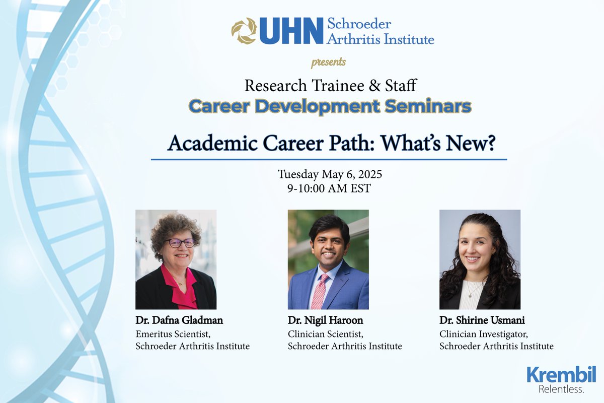Schroeder Arthritis Institute (@schroederinst) on Twitter photo Join our next Research Trainee & Staff Career Development #Seminar on May 6 at 9-10 AM EST by Dr. <a href="/DafnaGladman/">Dafna Gladman</a>, Dr. <a href="/NigilHaroon/">Nigil Haroon MD, PhD, DM, FRCPC, FRCP, MBA</a>, and Dr. <a href="/ShirineUsmani/">Shirine Usmani</a>, expert clinicians and researchers <a href="/SchroederInst/">Schroeder Arthritis Institute</a>, who will share insightful aspects of their academic career paths. -> Join our next Research Trainee & Staff Career Development #Seminar on May 6 at 9-10 AM EST by Dr. <a href="/DafnaGladman/">Dafna Gladman</a>, Dr. <a href="/NigilHaroon/">Nigil Haroon MD, PhD, DM, FRCPC, FRCP, MBA</a>, and Dr. <a href="/ShirineUsmani/">Shirine Usmani</a>, expert clinicians and researchers <a href="/SchroederInst/">Schroeder Arthritis Institute</a>, who will share insightful aspects of their academic career paths. ->