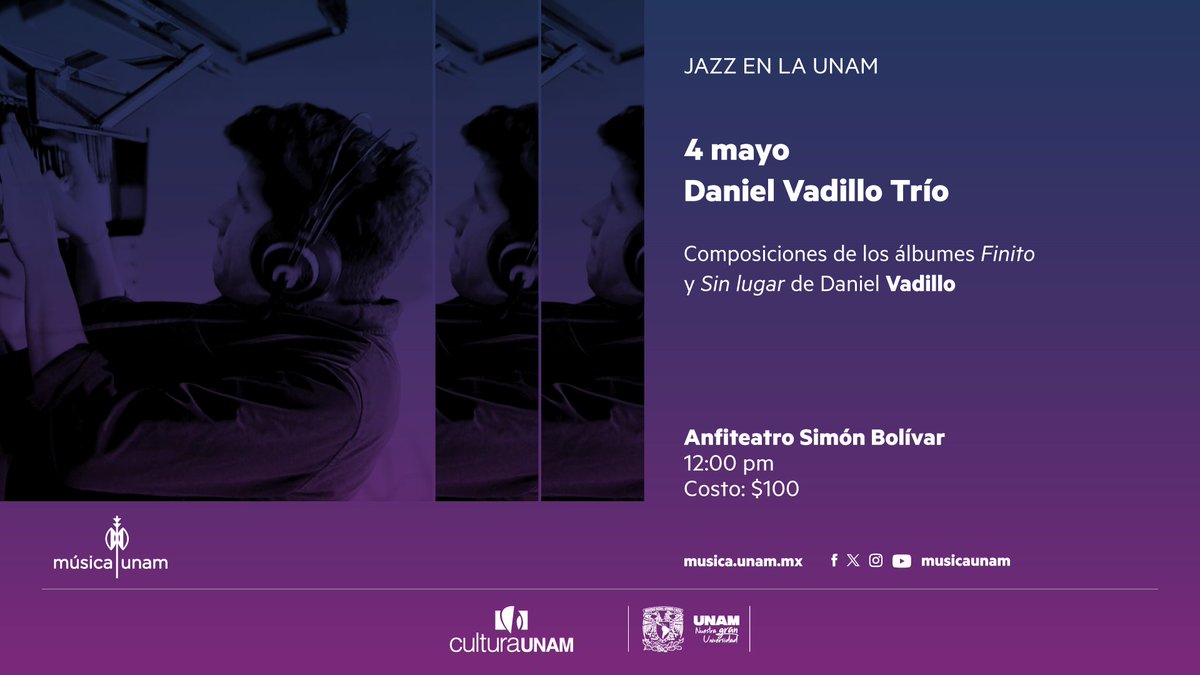 Jazz en la UNAM • Daniel Vadillo Trío <a href="/dvadillomusic/">Daniel Vadillo</a> 
En este programa, Daniel Vadillo Trío presenta composiciones de su segunda producción discográfica donde establece un diálogo entre el jazz contemporáneo, la música cubana, el bolero, el rock, el pop y la música brasileña.