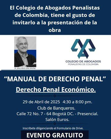 Marlon Díaz (@marlondiazabog) on Twitter photo <a href="/CPenalistas/">Colegio de Abogados Penalistas de Colombia</a> cierra hoy a partir de las 5 pm el evento de lanzamiento de la nueva obra del Maestro Jesús María Silva Sánchez en el Club de Banqueros (Calle 72 # 7-64). Débate y discusión sobre la teoría del delito <a href="/CPenalistas/">Colegio de Abogados Penalistas de Colombia</a> cierra hoy a partir de las 5 pm el evento de lanzamiento de la nueva obra del Maestro Jesús María Silva Sánchez en el Club de Banqueros (Calle 72 # 7-64). Débate y discusión sobre la teoría del delito