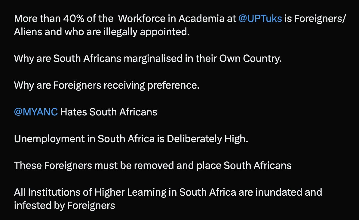 This is utter gobshite wank. 

The fact of the matter is as follows:

1) Only 16.6% of academic staff at UP are foreigners. 

2) Approximately 15% of academic staff at South African universities are foreigners. 

And more importantly, NONE of us are illegally employed.