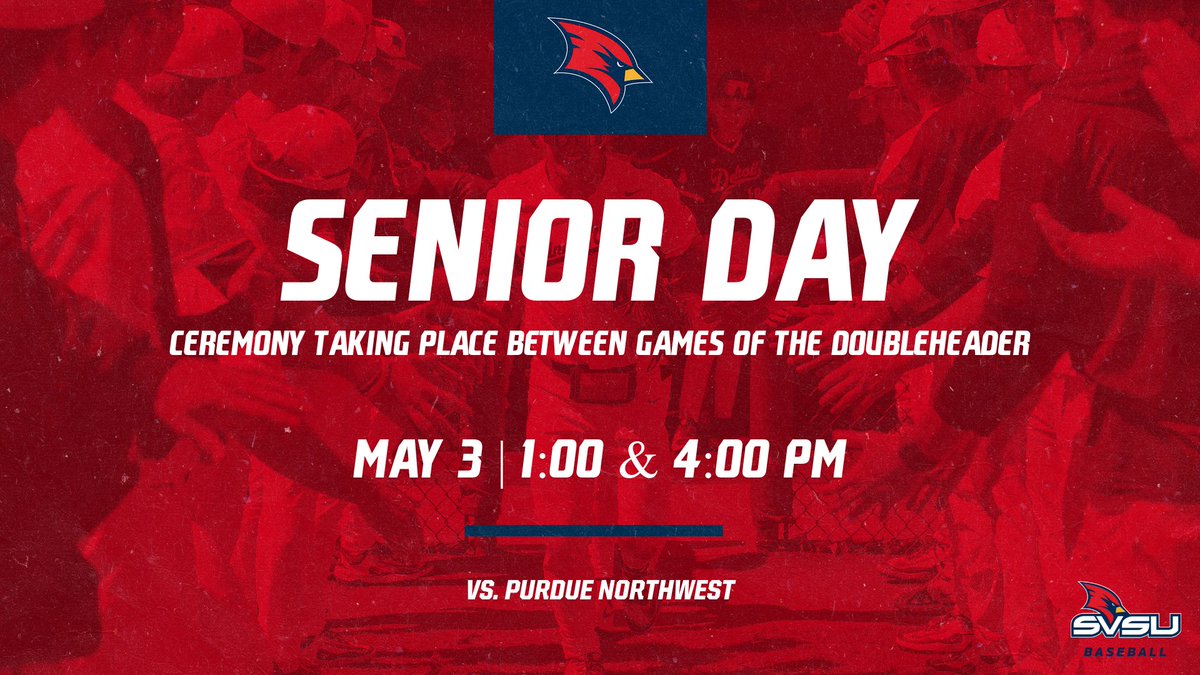 Saturday is Senior Day for <a href="/SVSUBaseball/">SVSU Baseball</a>!

The Cardinals host Purdue Northwest in a doubleheader at 1:00 &amp; 4:00 PM, with Senior Day festivities taking place between games.

Come celebrate the baseball senior class during the final weekend of the regular season! 🎉🎟️

#BeaksUp
