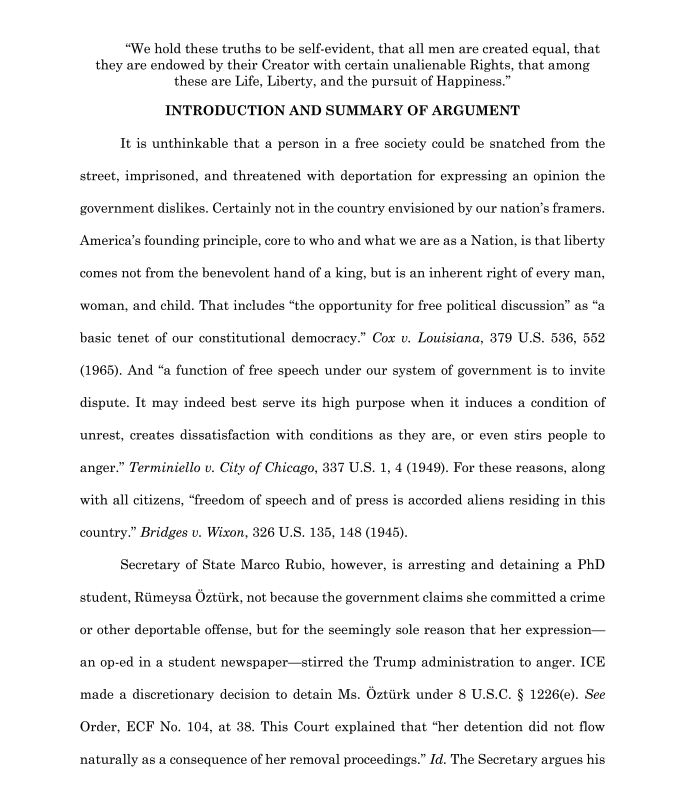 TheFIREorg's tweet image. FILED: Detaining Tufts University student Rümeysa Öztürk for writing an op-ed critical of Israel is both unlawful and un-American.

Now, FIRE is joined by @ncacensorship, @Cato, @PENamerica, @Rutherford_Inst, and others in standing with Ms. Öztürk against this authoritarian act.