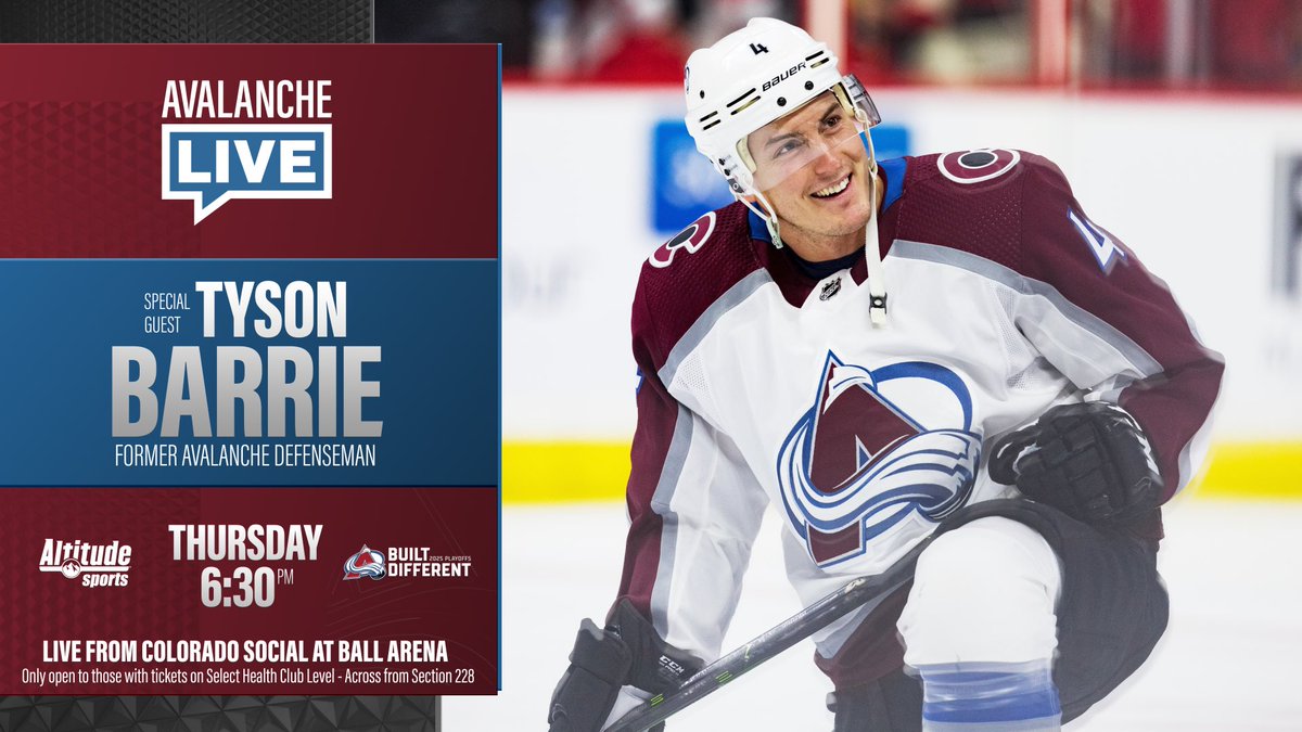 AltitudeTV (@altitudetv) on Twitter photo Fan favorite Tyson Barrie will be in the house tomorrow night for Game 6️⃣! 👏
If you have Club Level tickets, stop by Colorado Social and see Barrie on <a href="/Avalanche/">Colorado Avalanche</a> Live!
Not at the game? No problem!
Watch on Altitude and Altitude+ Fan favorite Tyson Barrie will be in the house tomorrow night for Game 6️⃣! 👏
If you have Club Level tickets, stop by Colorado Social and see Barrie on <a href="/Avalanche/">Colorado Avalanche</a> Live!
Not at the game? No problem!
Watch on Altitude and Altitude+