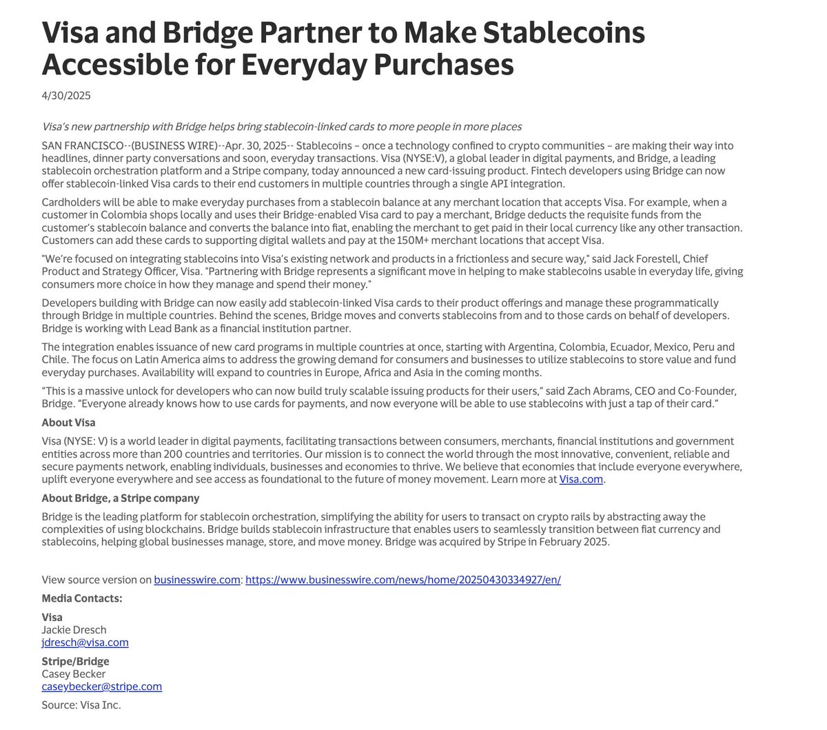 Right on cue: #Visa launches crypto stablecoin payments in Latin America.  Credit card giant Visa announced on Wednesday the launch of a new product  that will let consumers pay with stablecoins in