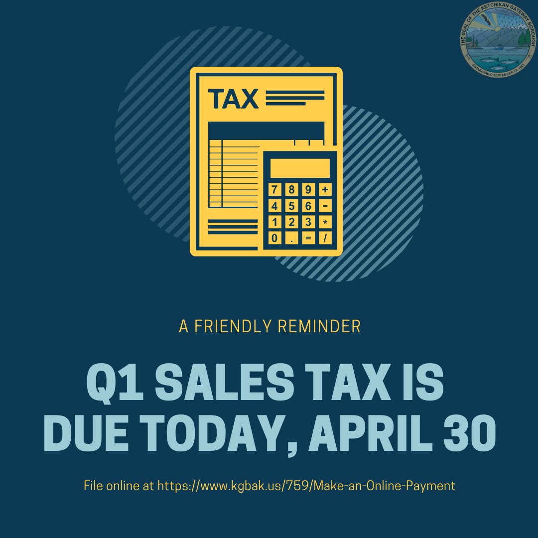 📣 Reminder for Local Businesses

Today is the deadline to file and pay Q1 Sales Taxes (January–March 2025). Avoid penalties by submitting your return by 5:00 P.M. today, April 30, 2025.

File online at: kgbak.us/759/Make-an-On…