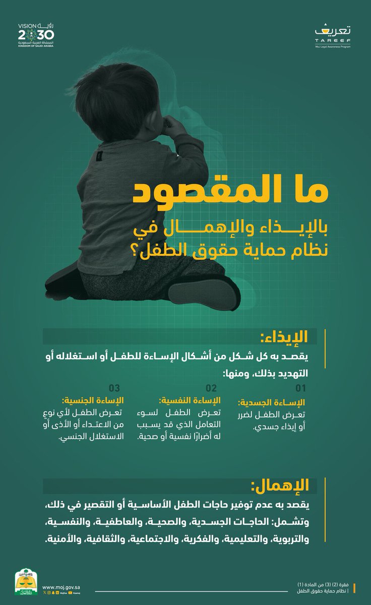 📍..ما المقصود بالإيذاء والإهمال في نظام حماية حقوق الطفل؟
#تعريف_معرفة_وإثراء