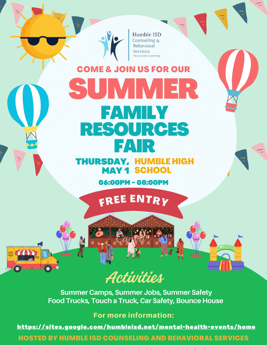 HHS_Counselors (@hhs_counselors1) on Twitter photo Summer Resource Family Night
Humble ISD Counseling & Behavioral Services is hosting a Summer Resource Family Night from 6 to 8 p.m. on Thursday, 5/1, at Humble High School.
This FREE event will include food trucks, a bounce house and fun games for the family.
<a href="/HumbleISD_HHS/">Humble High School</a> Summer Resource Family Night
Humble ISD Counseling & Behavioral Services is hosting a Summer Resource Family Night from 6 to 8 p.m. on Thursday, 5/1, at Humble High School.
This FREE event will include food trucks, a bounce house and fun games for the family.
<a href="/HumbleISD_HHS/">Humble High School</a>