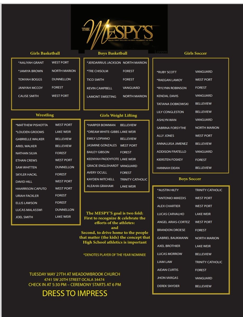 MESPYs (@ysmesp) on Twitter photo You are invited!!! Ocala Star Banner All Marion County First Team Winter Sports athletes.
Tuesday, May 27th at Meadowbrook Church
5:30 check-in 6 PM Ceremony.
Dress to impress and congrats.
<a href="/AP_Writess/">Allen Pettigrew</a> <a href="/MCPSActivities/">Donnie Tucker - MCPS Activities Coordinator</a> <a href="/OcalaPreps/">Ocala Preps</a> <a href="/OcalaStarBanner/">Ocala StarBanner</a> You are invited!!! Ocala Star Banner All Marion County First Team Winter Sports athletes.
Tuesday, May 27th at Meadowbrook Church
5:30 check-in 6 PM Ceremony.
Dress to impress and congrats.
<a href="/AP_Writess/">Allen Pettigrew</a> <a href="/MCPSActivities/">Donnie Tucker - MCPS Activities Coordinator</a> <a href="/OcalaPreps/">Ocala Preps</a> <a href="/OcalaStarBanner/">Ocala StarBanner</a>