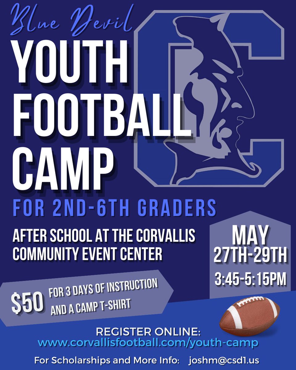 2025 Youth Football Camp registration is now open!🏈  Students from any school are welcome to attend, so go to corvallisfootball.com/youthcamp in order to ensure a camp T-shirt in your size. Go Blue!!!