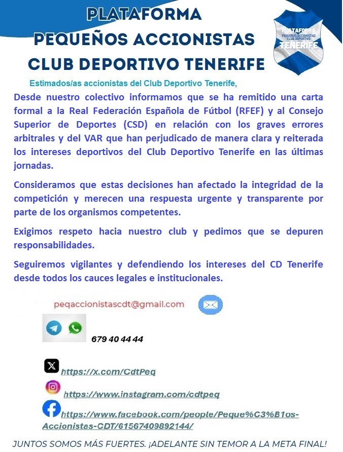 🔵 COMUNICADO:
<a href="/CTARFEF/">CTA</a> <a href="/rfef/">RFEF</a> <a href="/deportegob/">CSD</a> <a href="/CDTOficial/">CD Tenerife 🏴󠁧󠁢󠁳󠁣󠁴󠁿</a>
<a href="/mdaswani/">MANOJ DASWANI 🏴󠁧󠁢󠁳󠁣󠁴󠁿</a> <a href="/juanjo_ramos/">𝑱𝒖𝒂𝒏𝒋𝒐 𝑹𝒂𝒎𝒐𝒔</a> <a href="/Juanjo_Toledo/">Juanjo Toledo</a> <a href="/JAPtw/">José Antonio Pérez</a> <a href="/joaquingz1/">Joaquin González</a> <a href="/martintravieso/">🏴󠁧󠁢󠁳󠁣󠁴󠁿Max. Martín-Travieso🏴󠁧󠁢󠁳󠁣󠁴󠁿</a> <a href="/FASFEaficion/">FASFE</a> <a href="/Badayco_Sanz/">Badayco Magdaleno</a> <a href="/AaronSuarezz/">Aarón Suárez</a> <a href="/joelrr9/">Joel Rodríguez</a>