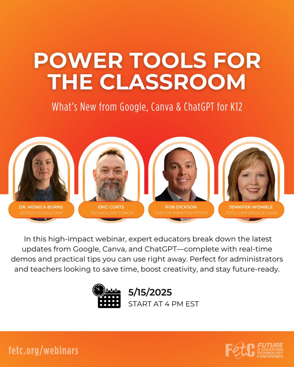 AI is moving fast-are you keeping up? Join Monica Burns, Eric Curts, Rob Dickson &amp; Jennifer Womble for the FETC webinar “Power Tools for the Classroom” on May 15! Discover the latest from Google, Canva &amp; ChatGPT. Free for K12 educators! 

🔗event.on24.com/wcc/r/4940450/…