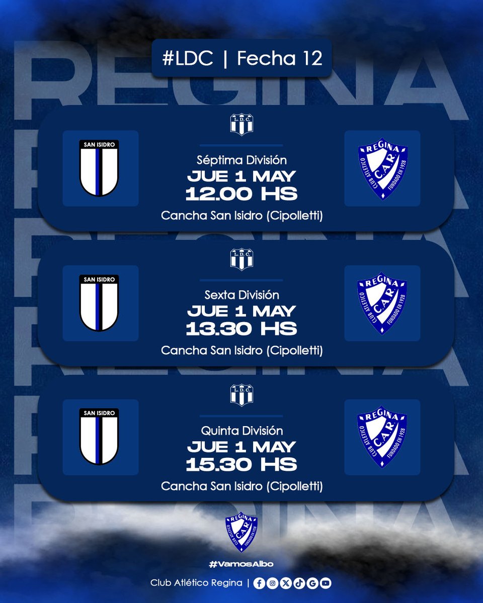 #FútbolFormativo | ¡BLOQUE MAYOR JUEGA FUERA DE CASA!

Por la fecha 12 de la Liga D. Confluencia, Regina visita a San Isidro en bloque mayor este jueves en estos horarios:
Séptima: 12.00 hs
Sexta: 13.30 hs
Quinta: 15.30 hs

#VamosAlbo⚪🔵
