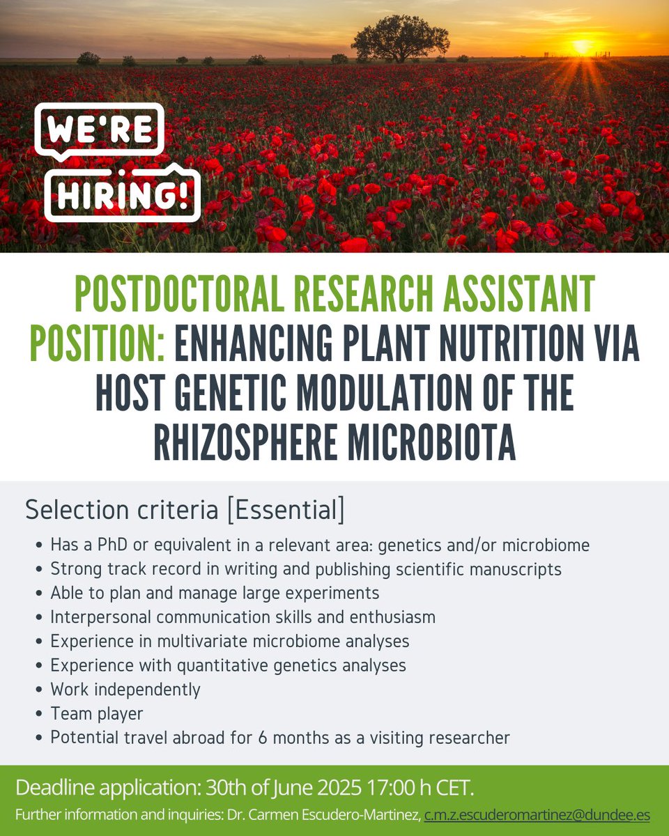 IRNASA-CSIC (@irnasa_csic) on Twitter photo 📢 We're #hiring! Two positions available (Technician & Postdoc) in the project "Enhancing plant nutrition via host genetic modulation of the rhizosphere microbiota" 🔬🌱
📅Deadline: 30 June
Further info and inquiries: c.m.z.escuderomartinez@dundee.es
🔗shorturl.at/xyz123 📢 We're #hiring! Two positions available (Technician & Postdoc) in the project "Enhancing plant nutrition via host genetic modulation of the rhizosphere microbiota" 🔬🌱
📅Deadline: 30 June
Further info and inquiries: c.m.z.escuderomartinez@dundee.es
🔗shorturl.at/xyz123