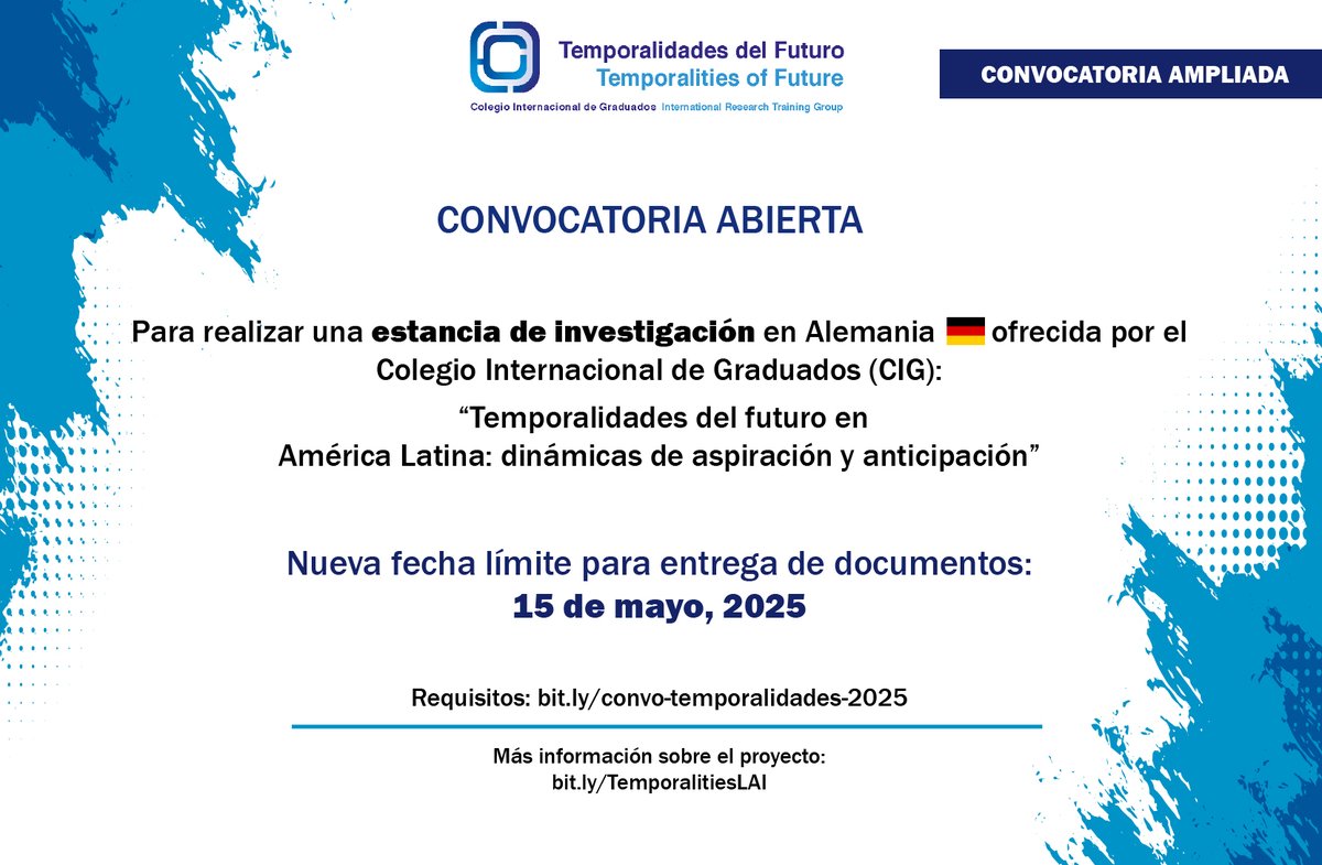 📢¡Se ha ampliado la convocatoria!

El Colegio de México, CIESAS y la UNAM invitan a estudiantes regulares de maestría y doctorado a participar en el programa de movilidad CIG.

📝 ¡Postúlate! 
bit.ly/convo-temporal… 
🔎lai.fu-berlin.de/es/temporaliti…

#Convocatoria #Intercambio