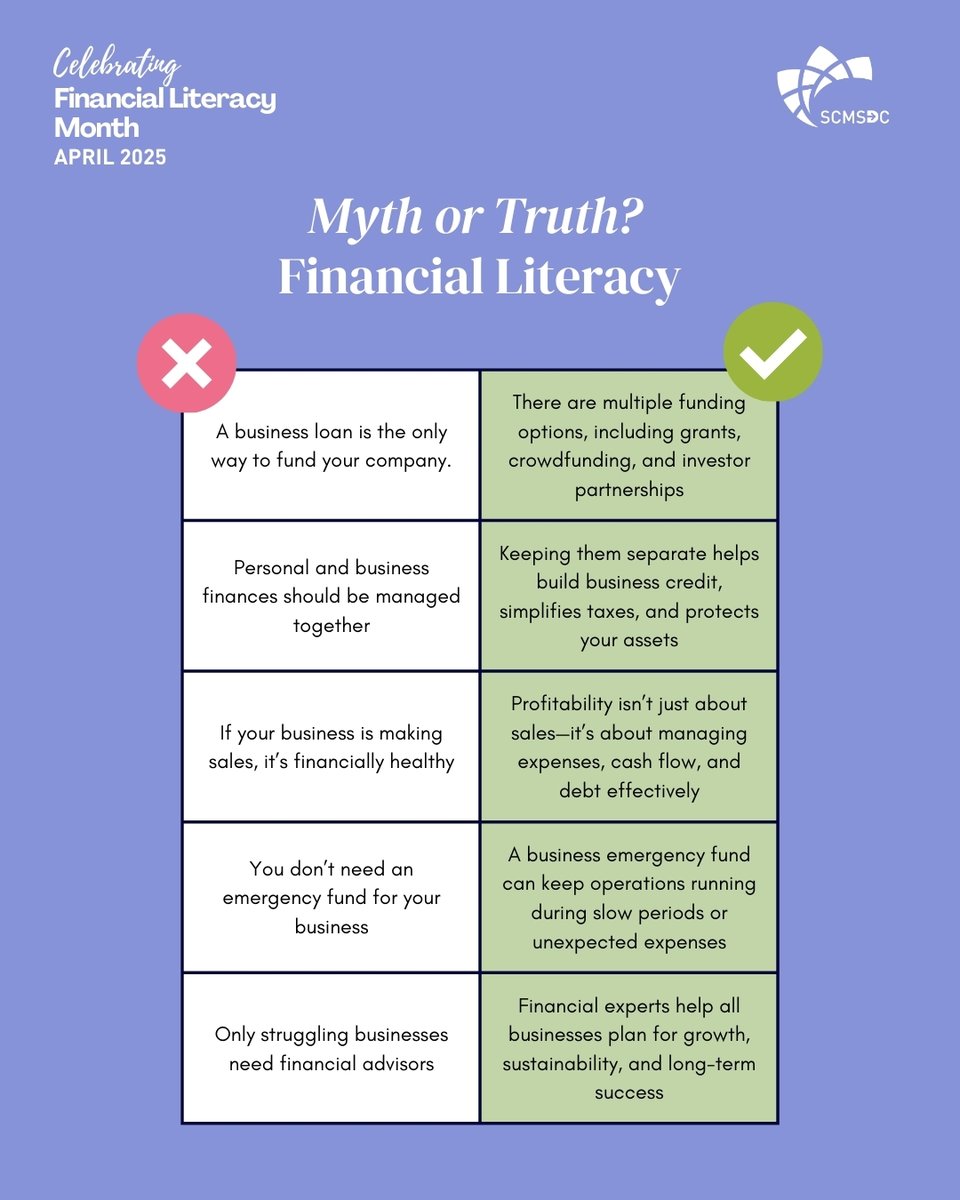🚫 Myths, busted.
As we wrap up Financial Literacy Month, we’re clearing the air on common misconceptions that can hold businesses back.

#FinancialLiteracyMonth #SCMSDC #MythOrTruth #SupplierSuccess #BusinessGrowth #StayConnected