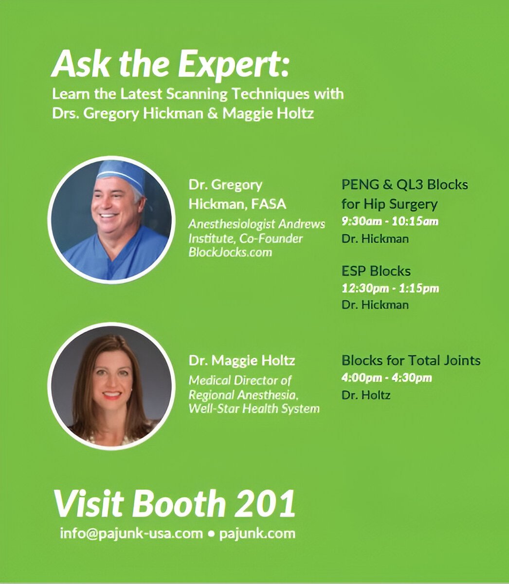 PAJUNK USA (@pajunkusa) on Twitter photo 🎯 Don’t just attend—learn from the experts.
Drs. Hickman & Holtz are scanning live today at Booth 201 <a href="/ASRA_Society/">ASRA Pain Medicine</a>
🔎 Featuring PENG, QL3, ESP & total joint blocks
📍 Stop by for real-time tips + ultrasound-guided techniques
#ASRASpring25 #ASRA50 #PainManagement #PajunkUSA 🎯 Don’t just attend—learn from the experts.
Drs. Hickman & Holtz are scanning live today at Booth 201 <a href="/ASRA_Society/">ASRA Pain Medicine</a>
🔎 Featuring PENG, QL3, ESP & total joint blocks
📍 Stop by for real-time tips + ultrasound-guided techniques
#ASRASpring25 #ASRA50 #PainManagement #PajunkUSA