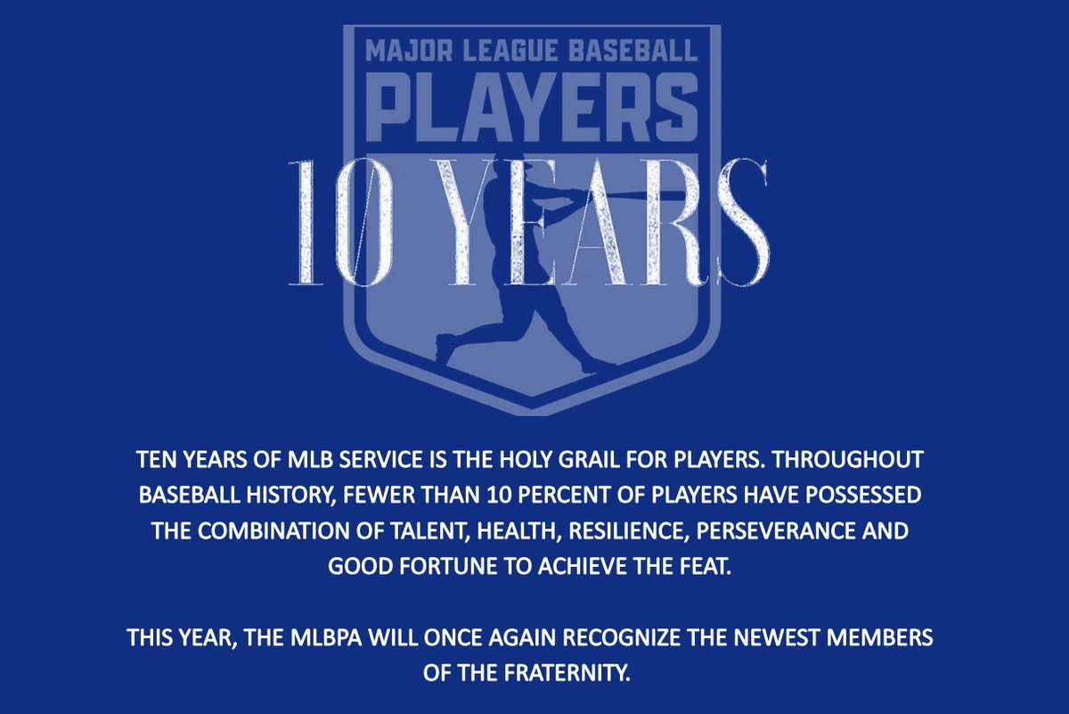 MLBPA (@mlbpa) on Twitter photo Congratulations to the Players who reached 10 Years of Service Time this March and April! 
 
Learn more about their journeys, and follow along each month as we recognize the newest members of this elite club, at: mlbplayers.com/10years2025 Congratulations to the Players who reached 10 Years of Service Time this March and April! 
 
Learn more about their journeys, and follow along each month as we recognize the newest members of this elite club, at: mlbplayers.com/10years2025