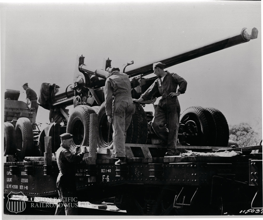 A group of equipment and 155mm guns, at Fort Benning, Georgia, on April 5, 1940.  

For more information about Union Pacific’s role during wartime, check out our Wheels of War exhibit: uprrmuseum.org/uprrm/exhibits…