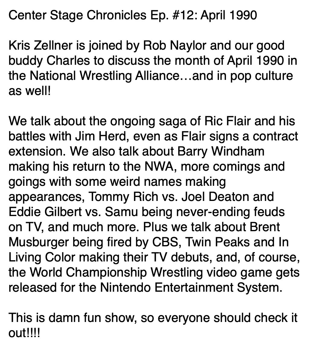 Between The Sheets (@btsheetspod) on Twitter photo New Center Stage Chronicles on the <a href="/BTSheetsPod/">Between The Sheets</a> feed covering April 1990! WORLD! CHAMPIONSHIP! WRESTLING! is released for the NES, Barry Windham returns, Ric Flair-Jim Herd drama, endless prelim feuds on TV, & much more. Including In Living Color's debut! redcircle.com/shows/f0ecb959… New Center Stage Chronicles on the <a href="/BTSheetsPod/">Between The Sheets</a> feed covering April 1990! WORLD! CHAMPIONSHIP! WRESTLING! is released for the NES, Barry Windham returns, Ric Flair-Jim Herd drama, endless prelim feuds on TV, & much more. Including In Living Color's debut! redcircle.com/shows/f0ecb959…