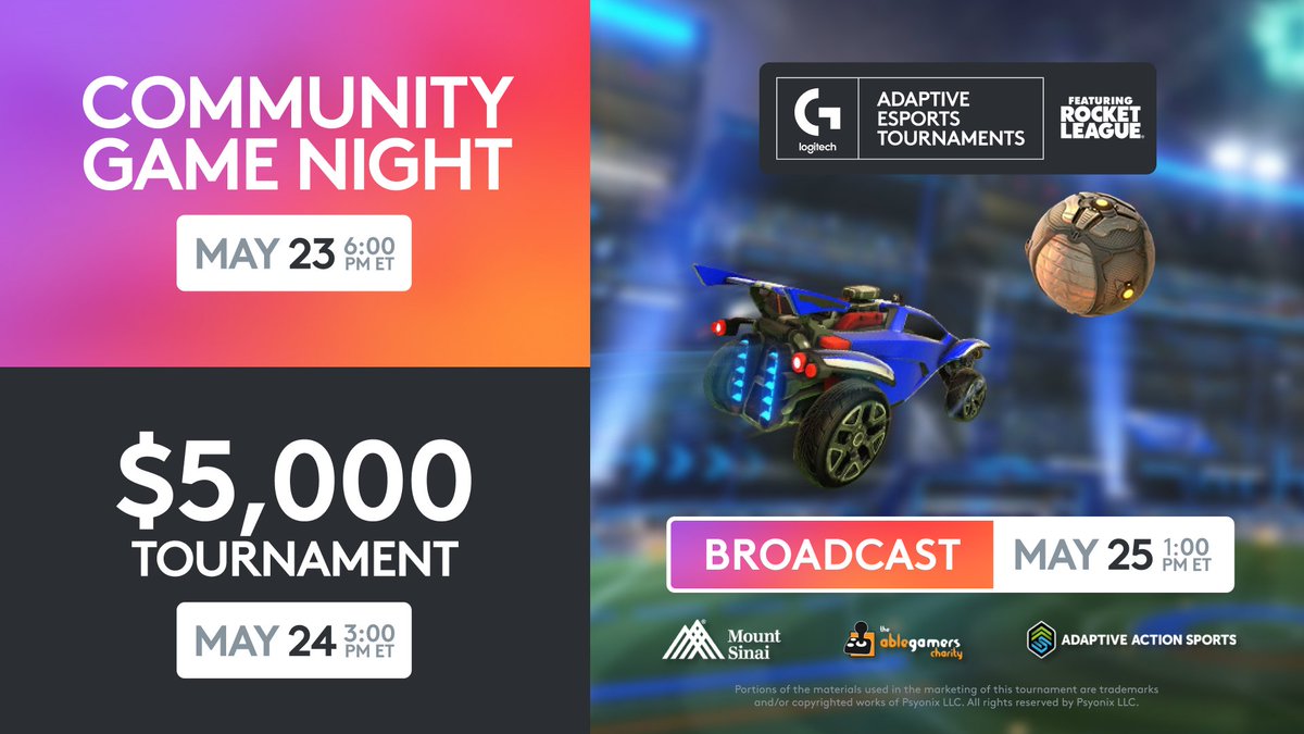 Adaptive Esports is returning to <a href="/RocketLeague/">Rocket League</a> with another Game Night + Tournament featuring $7,500+ in total prizes!

🏆 If you are a gamer with a disability, apply for membership at aet.gg